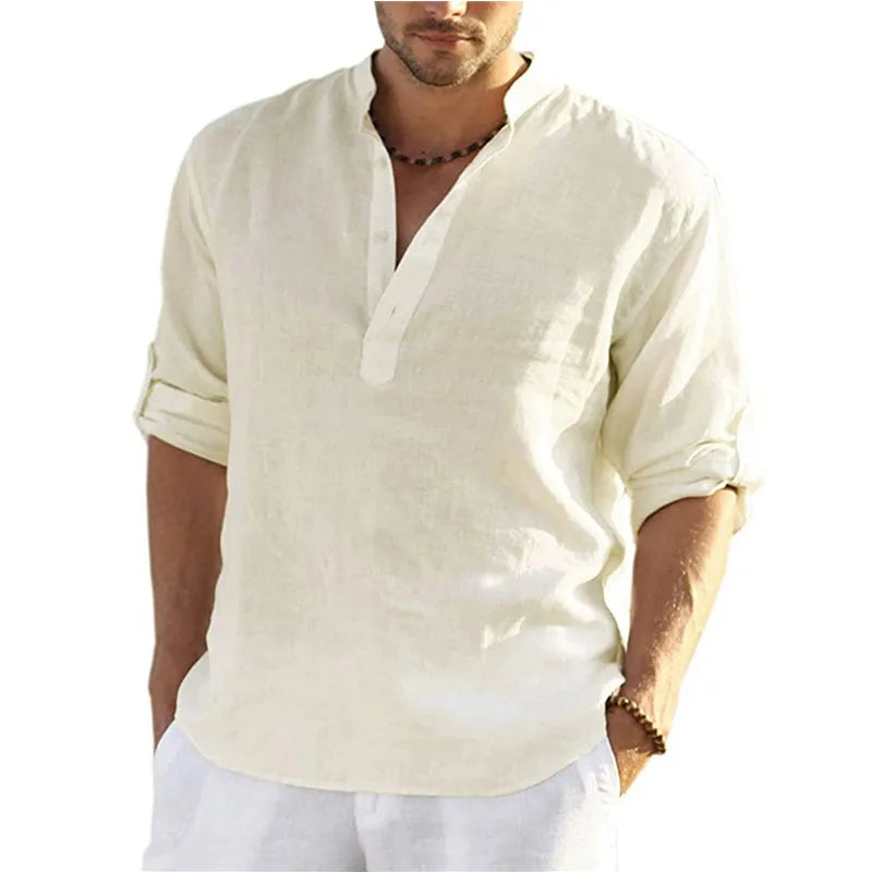 1pcs Summer Men Lightweight Shirt Male Long Sleeve Cotton Linen Shirts Beach Loose Fitting Shir Men's Breathable Collar T Shirt