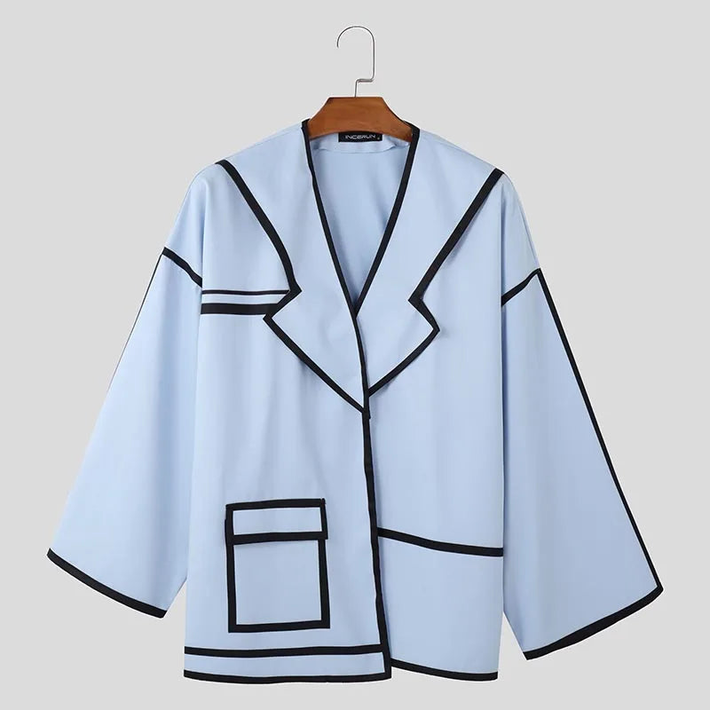 INCERUN Tops 2025 Fashion New Men Patchwork Lines Personality Suit Coat Casual City Walk Male Hot Sale Loose Long Sleeved Blazer