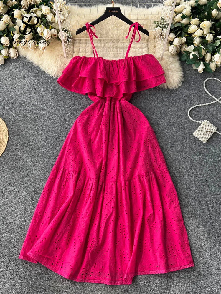 SINGREINY High Street Cotton Embroidery Long Dress Women Hollow Out Backless Beach Sundress Fashion Off the Shoulder Sexy Dress