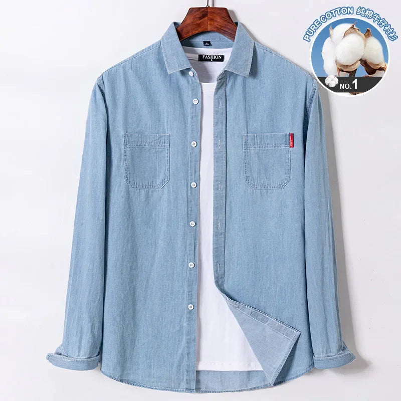 2023 Spring and Autumn Enzyme Washed Men's Long Sleeve Denim Shirt Pure Cotton Casual Fashion Outerwear Versatile Men's Clothing