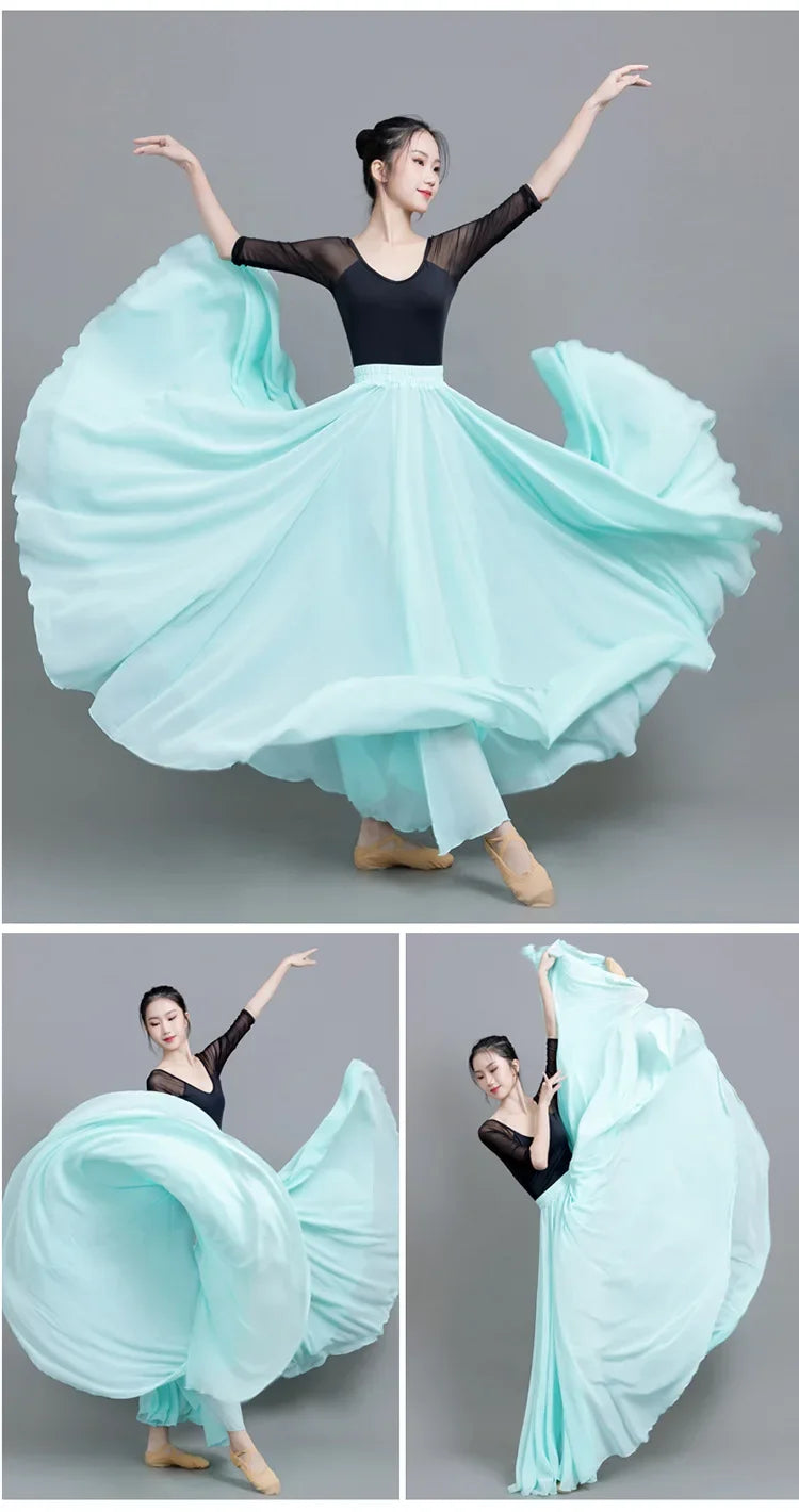 720 Degree Wide Dancing Skirt Chiffon Double Layer Semi-Long Dress Women's Solid Color Xinjiang Dance Skirt