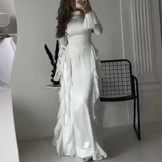 Women High Collar Flare Sleeve Ruffles Long Dress Sexy White Long Sleeves Lace-up Slim Dresses Elegant Evening Party Runway Club