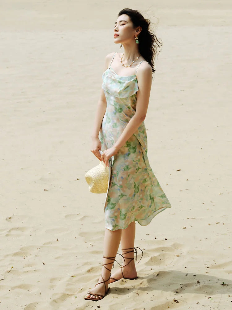 DUSHU Summer Elegant Printed Strappy Women Long Dress 2024 Summer New French Style Romantic Holiday Dress For Female 24DS82800