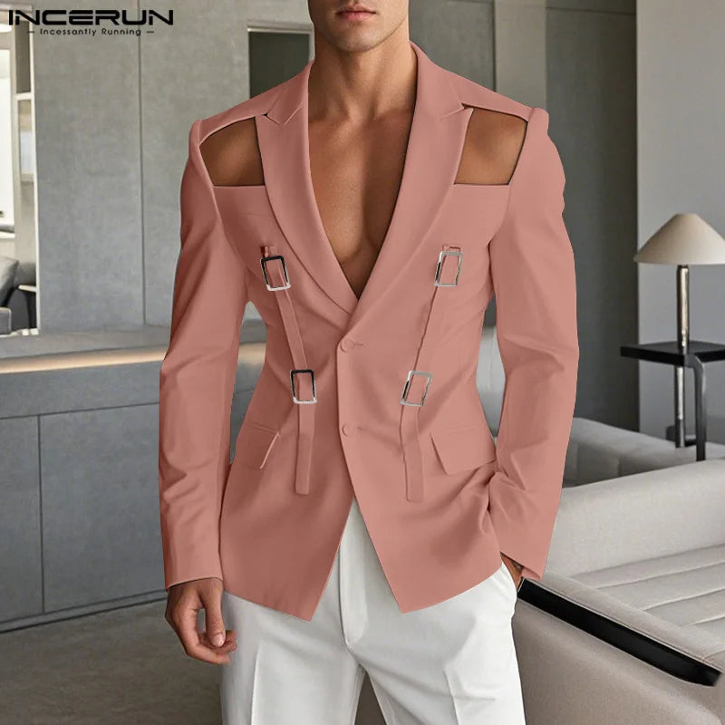 INCERUN Tops 2025 American Style Fashion Men Hollow Button Design Suit Coat Casual Streetwear Solid Long Sleeved Lace Up Blazers