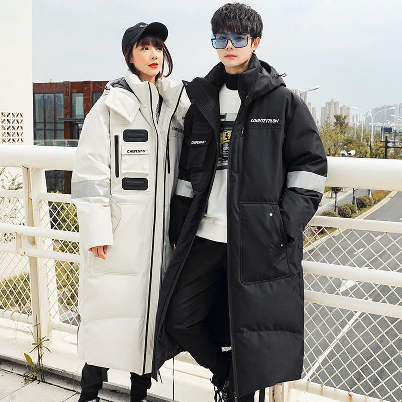 Gmiixder 2023 New Over Knee Down Coat Men's Mid Length Couple Thickened Multi Pocket Parkas Youth Work Wear Winter Long Jacket