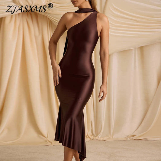 Sexy Skew Collar Irregular Mermaid Dress Woman Spring Hollow Slim Fit Ruffle Long Dress Summer One-shoulder Backless Party Dress
