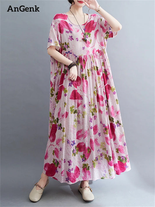Cotton Short Sleeve Print Floral Vintage Dresses For Women 2025 Summer Casual Loose Long Dress Femme Vestidos Elegant Clothing