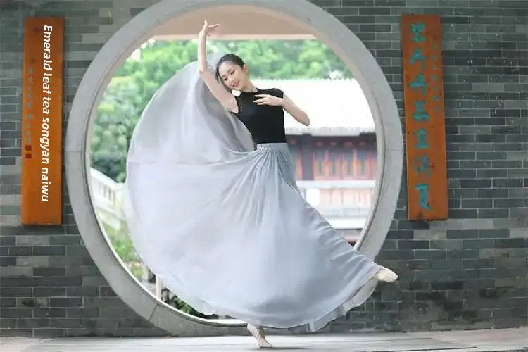 720 Degree Wide Dancing Skirt Chiffon Double Layer Semi-Long Dress Women's Solid Color Xinjiang Dance Skirt