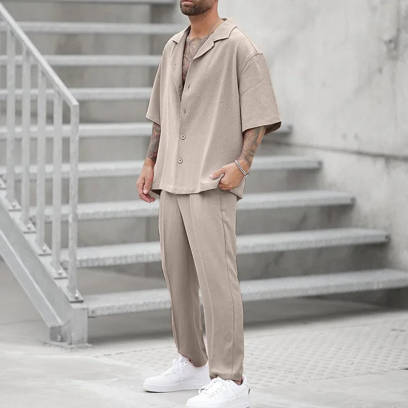 2025 Men's Casual 2PCS Pants Sets Fashion Lapel Shirt Top and Trousers Set Trendy Solid Blazer Pants Two Piece Set Clothing Male