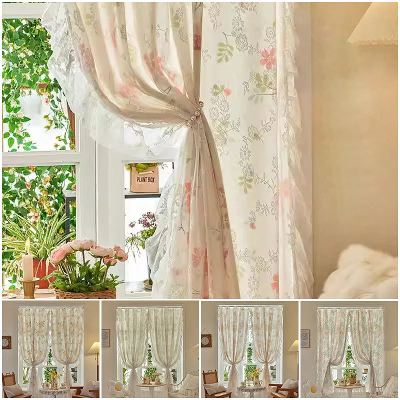 Floral Print Lace Sheer Curtain for Living Room Decoration Window Curtains for Kitchen Modern Tulle Voile Organza Curtains 레이스커튼