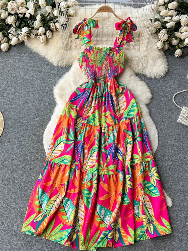 SINGREINY Summer Vacation Spaghetti Strap Long Dress Women Sleeveless Ruched Elastic Backless Dress Floral Print Beach Sundress