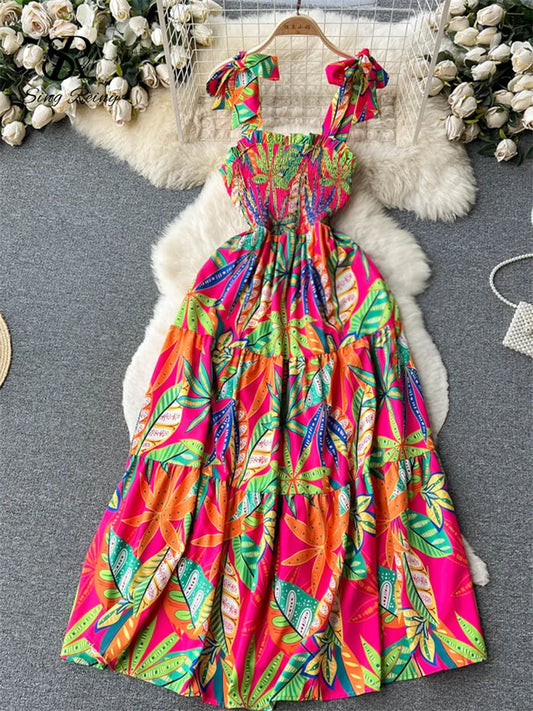 SINGREINY Summer Vacation Spaghetti Strap Long Dress Women Sleeveless Ruched Elastic Backless Dress Floral Print Beach Sundress
