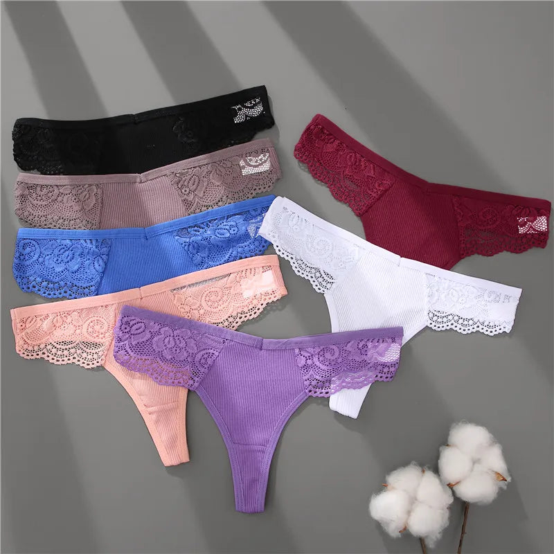 FINETOO 8Pcs Women's Cotton Underwear Lace Thongs Sexy Solid Color Low Waist Bikini Panties Ladies Breathable G-string Lingerie