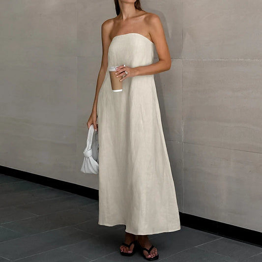 2025 Women Summer Sleeveless Sexy Long Dress 45% Cotton And 55% Linen Loose Style Strapless Maxi Dress Vestidos Clothes