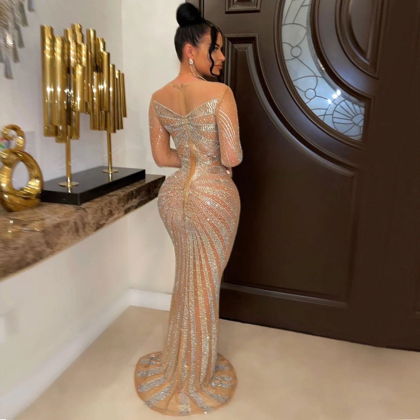 Sexy Rhinestone Crystal Mesh See Through Maxi Dress New Women Long Sleeve Birthday Night Clubwear Long Dress Wedding Party Dress
