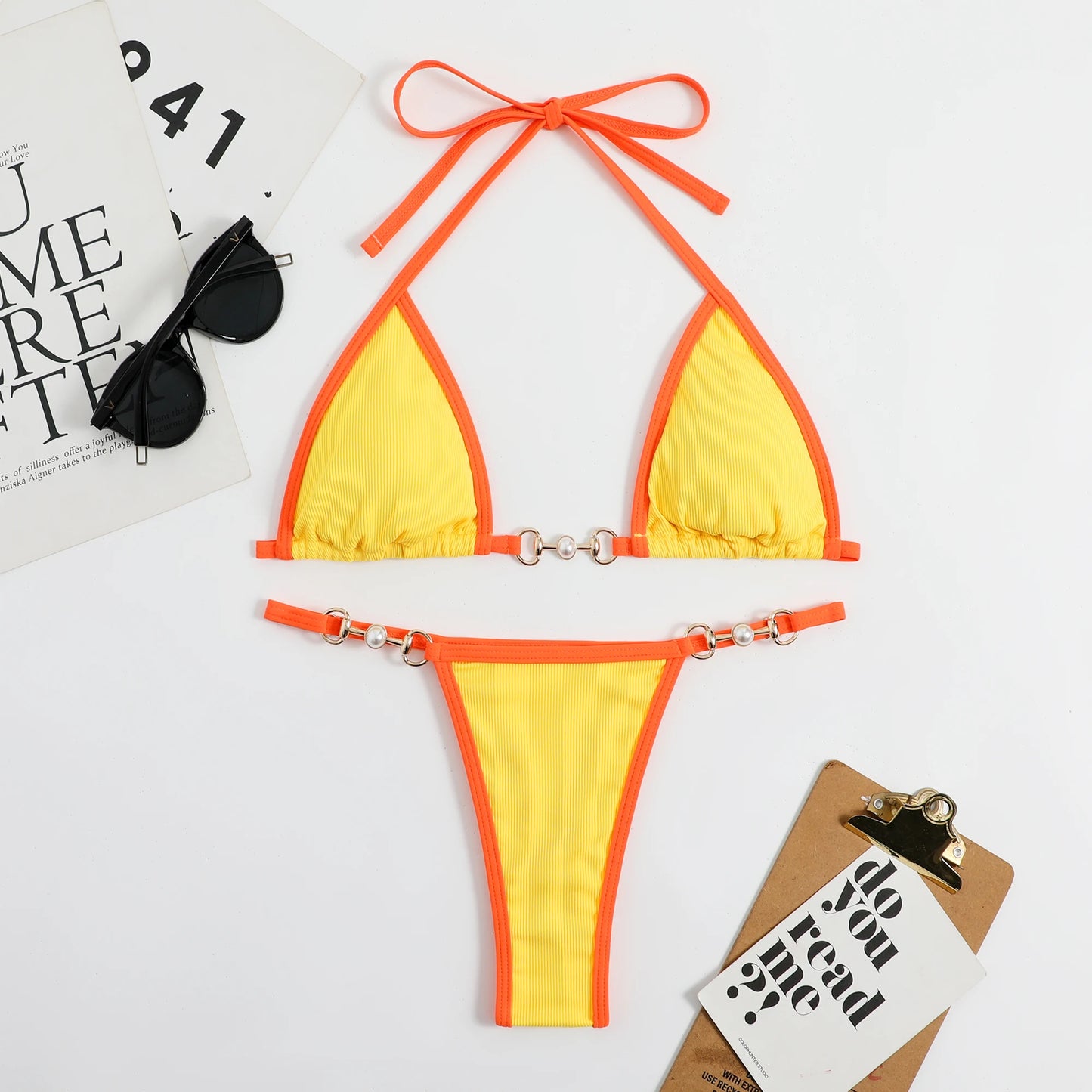 2023 New Sexy Ribbed Bikini Set Pearl Swimwear Women Swimsuit Female Halter Strappy Bikini Patchwork Bathing Suit Beachwear Swim