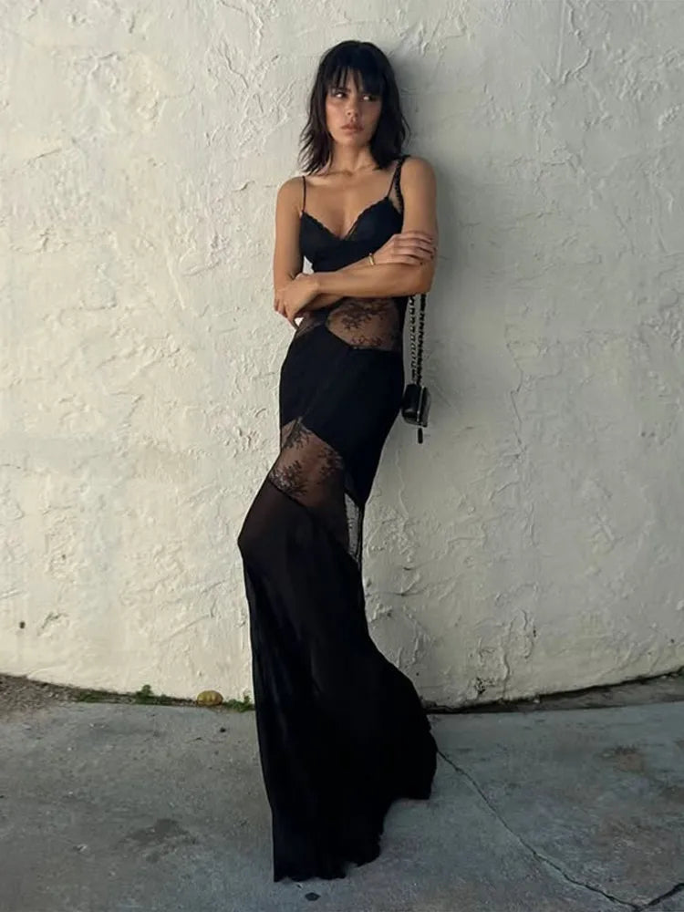 New Sexy Lace V-neck Sling Long Dress Women Retro Black Perspective Sleeveless Patchwork Maxi Dresses Female Chic Street Party
