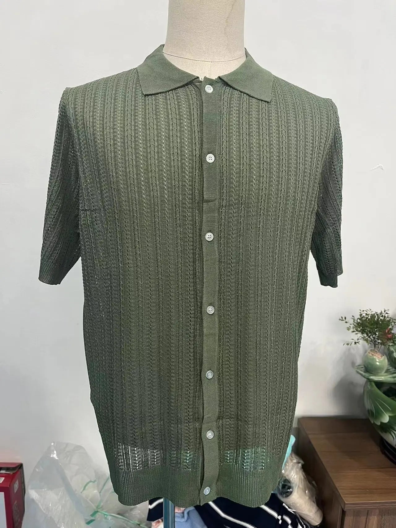 Summer Men's Casual Shirt Breathable Hollow Out Knit Shirt Short Sleeve Lapel Lightweight Top for Men European  American Loose