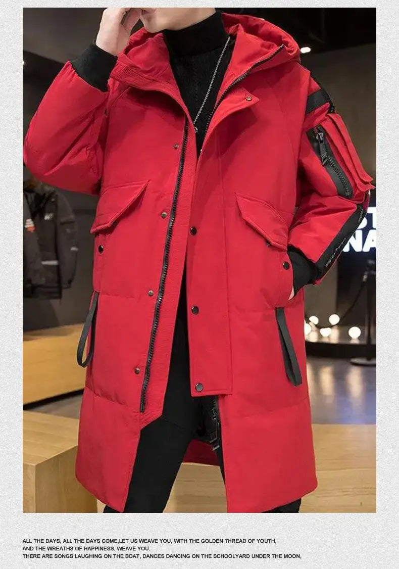 Men's Parkas Hooded New Over-the-knee Overcoat Thickened Mid-length Jacket Zipper Buttons Winter White Duck Down Jackets