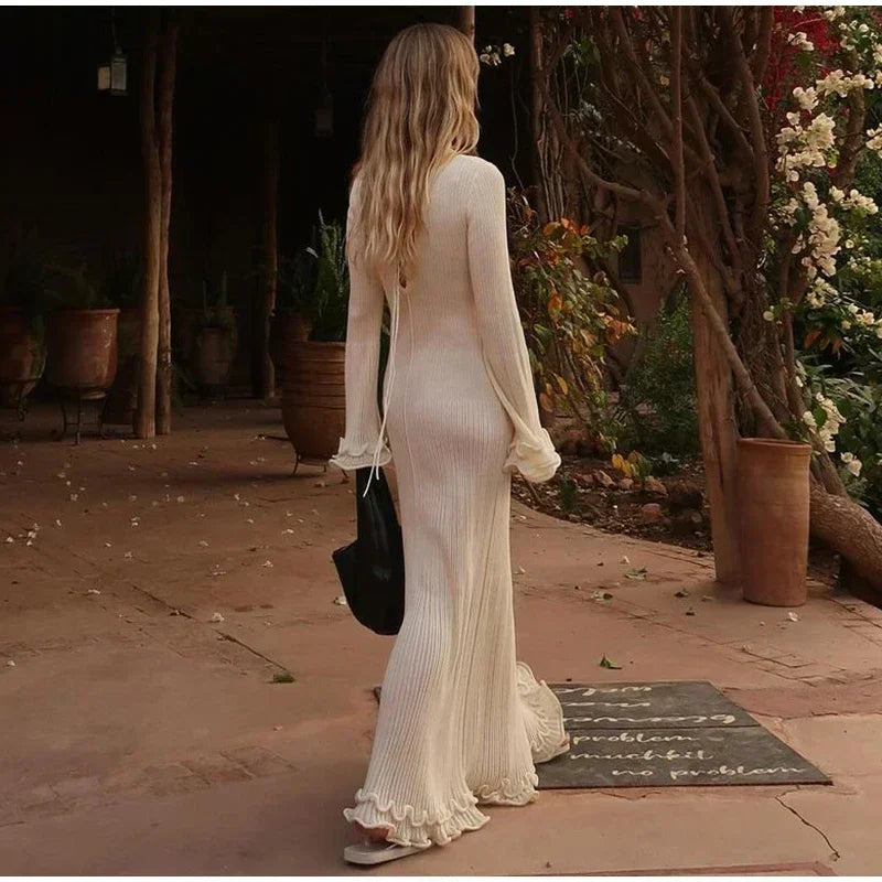 Fashion Ruffled Hem Knitted Long Dress Women Sexy O Neck Flare Long Sleeve Backless Lace Up Slim Dresses Female Vacation Robes