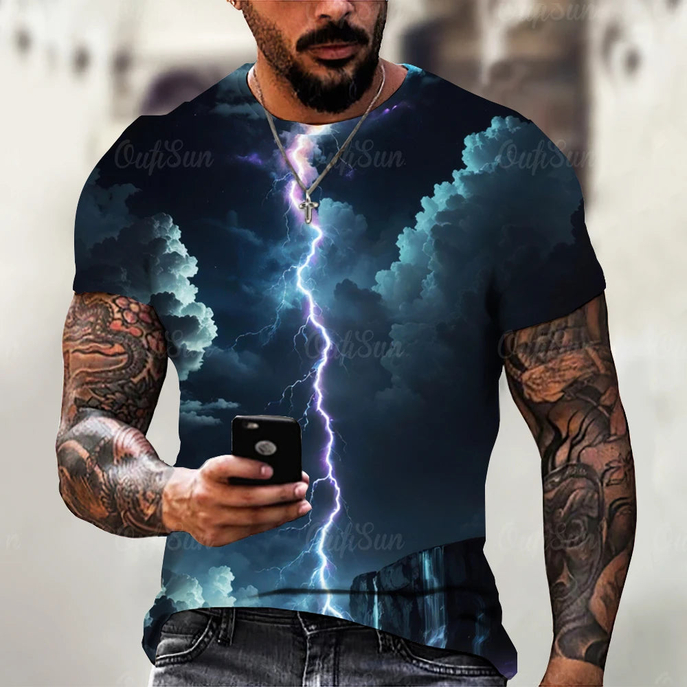 Men's T Shirt 3d Lightning Print Mens Short-Sleeved Tops Summer Street Fashion T-Shirt for Men Casual Tees Oversized Clothing XL