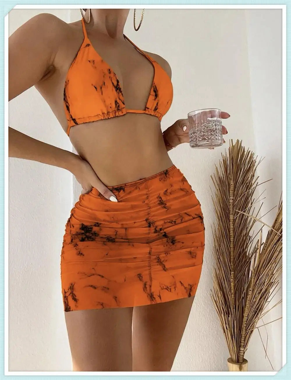 3 Pieces Thong Bikini Set With Skirt Marble texture Bathing Suit Women Swimsuit Set Female Swimwear Beach Wear Swimming Summer