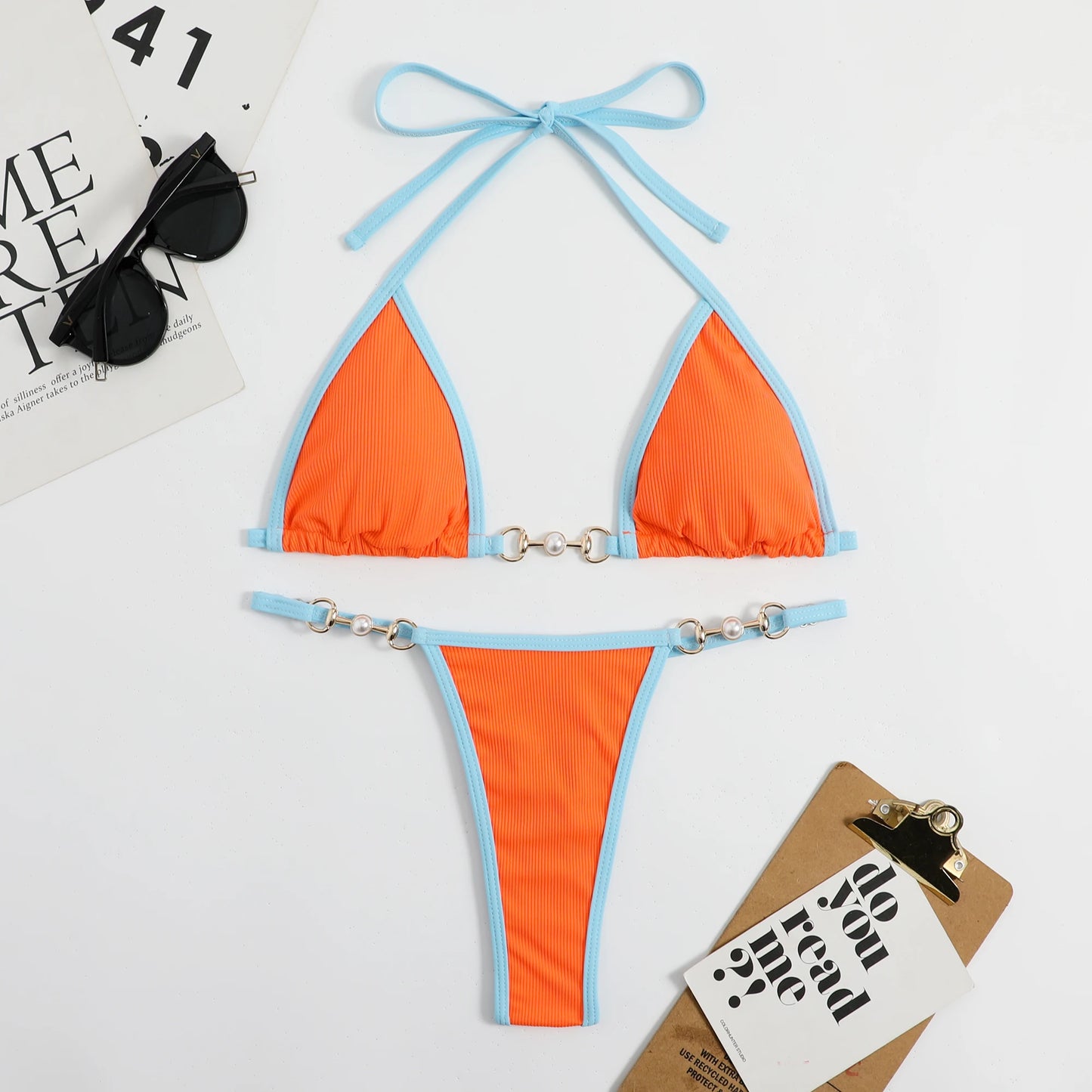 2023 New Sexy Ribbed Bikini Set Pearl Swimwear Women Swimsuit Female Halter Strappy Bikini Patchwork Bathing Suit Beachwear Swim