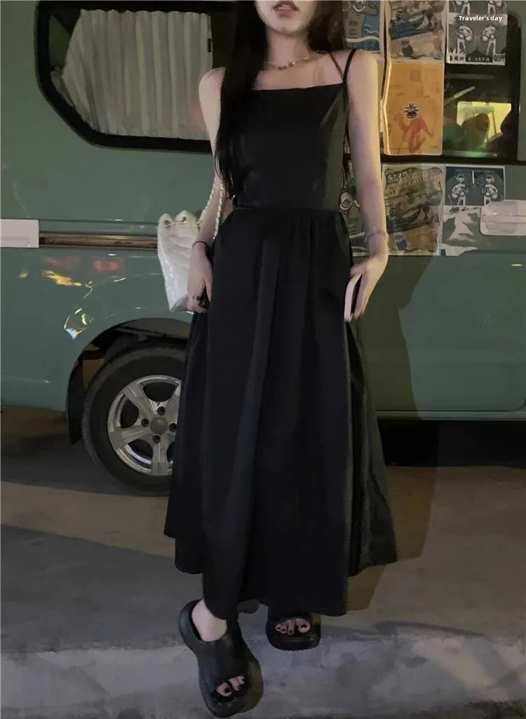 French Style Sexy Open-Back Blue Tank Dress Women's Summer Vacation Beach A- Line Long Dress Beach Vacation Dress