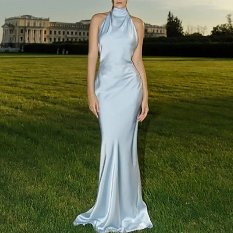 Robes Woman Elegant Solid Satin Party Dresses Spring Halter RIbbons Backless Maxi Dress Summer Hollow Sleeveless Slim Long Dress