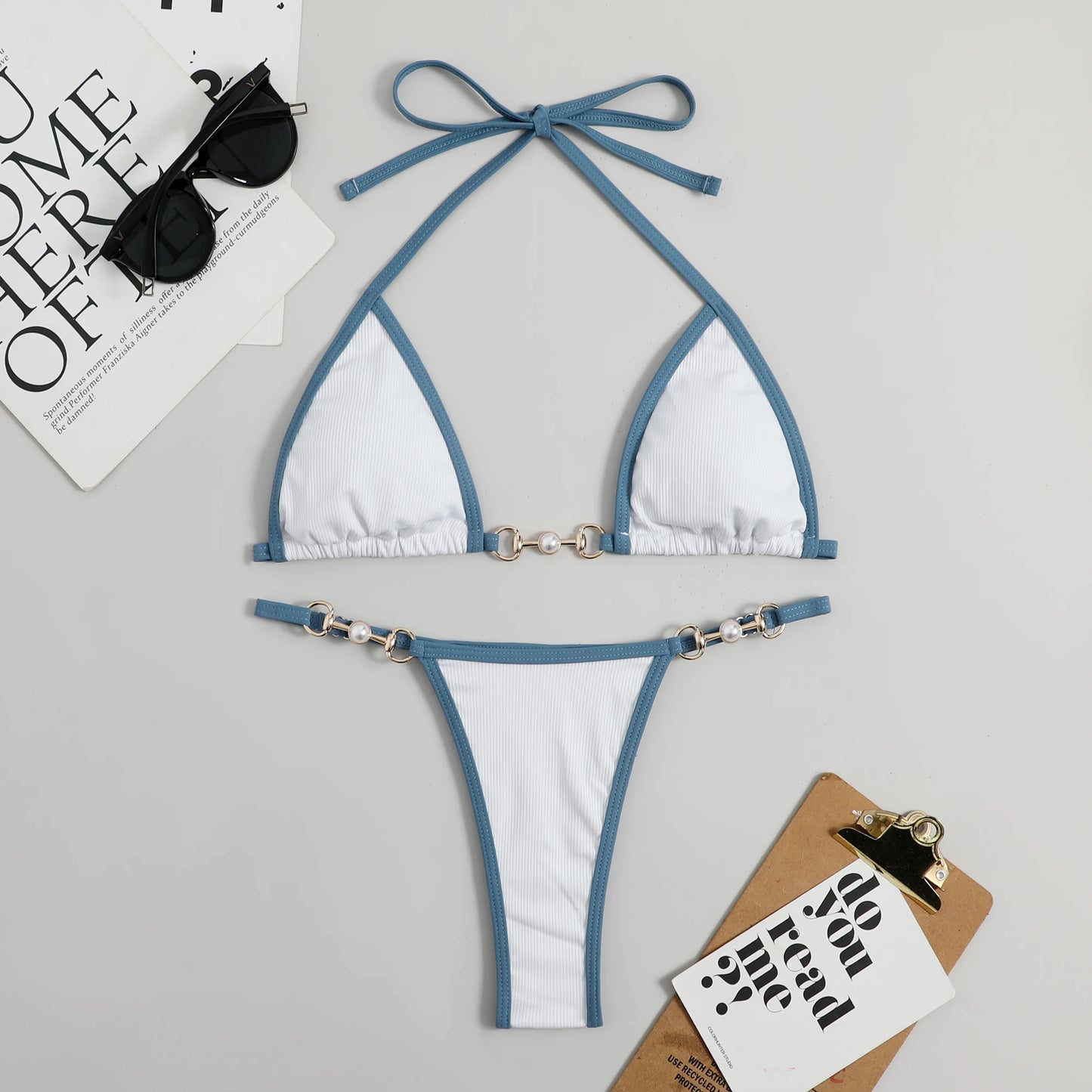 2023 New Sexy Ribbed Bikini Set Pearl Swimwear Women Swimsuit Female Halter Strappy Bikini Patchwork Bathing Suit Beachwear Swim
