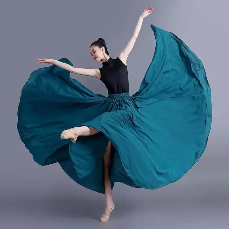 720 Degree Wide Dancing Skirt Chiffon Double Layer Semi-Long Dress Women's Solid Color Xinjiang Dance Skirt