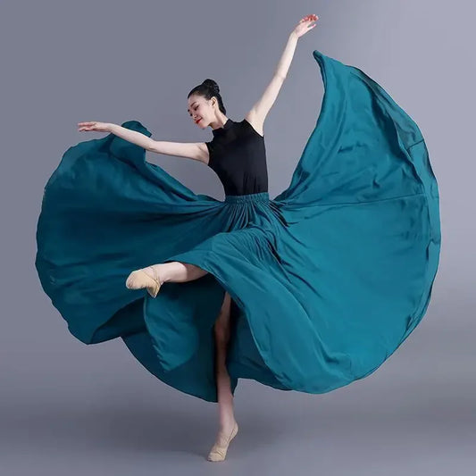 720 Degree Wide Dancing Skirt Chiffon Double Layer Semi-Long Dress Women's Solid Color Xinjiang Dance Skirt