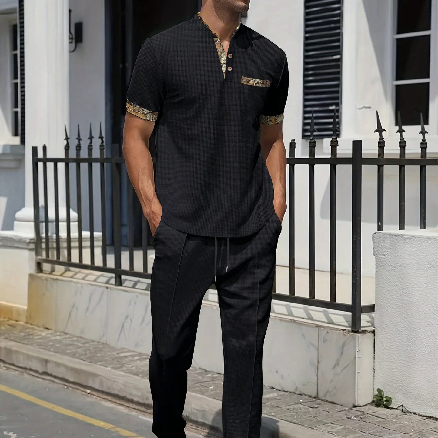 Men's Light Luxury Polo Shirt Set Summer Men's Stand up Collar Button Pocket Waffle Short Sleeve T-shirt Sports Trend Men's Set