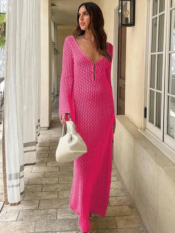 Sexy Cover Up Long Sleeve Long Dress Women Backless Beach Wear Bathing Suit Knitting Swimwear knitted Beach Dress Tunic Robe