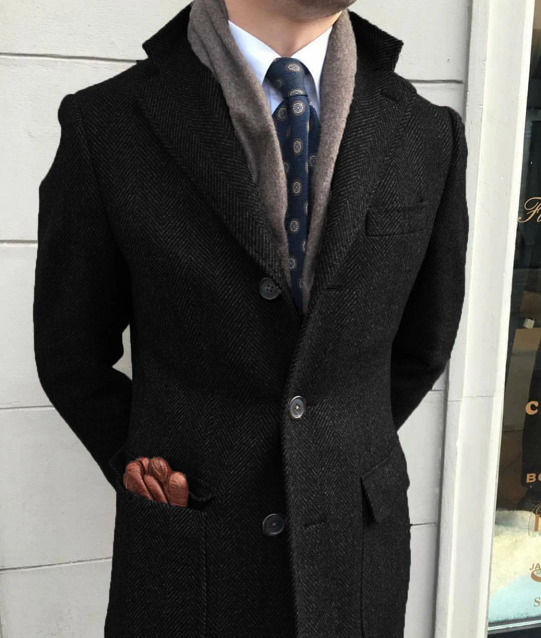 Men's Windbreaker Classic Herringbone Tweed Wool Blend Suit Jacket Winter Warm Long Coat Outdoor Sports Coat erkek mont