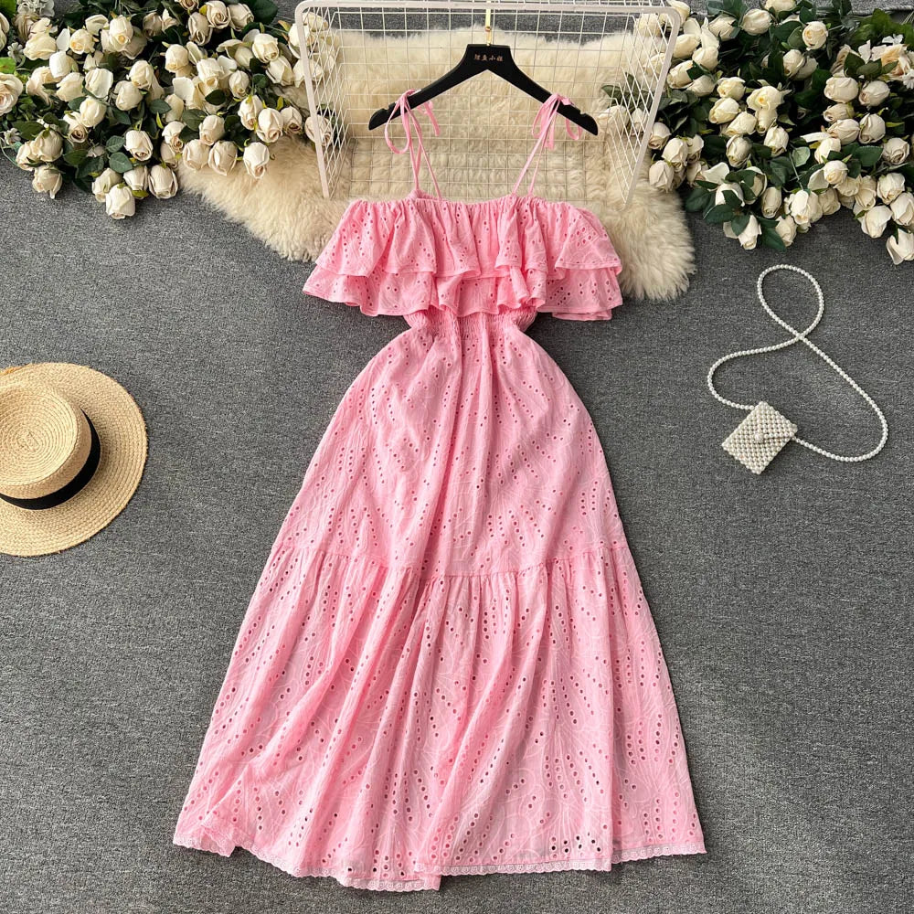 SINGREINY High Street Cotton Embroidery Long Dress Women Hollow Out Backless Beach Sundress Fashion Off the Shoulder Sexy Dress