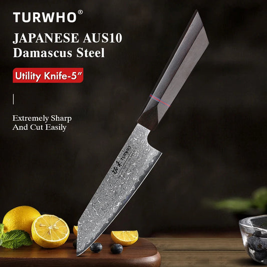 TURWHO 5" Utility Knife AUS-10 Damascus Steel Fruit Vegetable Knife Sharp Pro Chef Kitchen Supplies for Carving Dovetail Handle