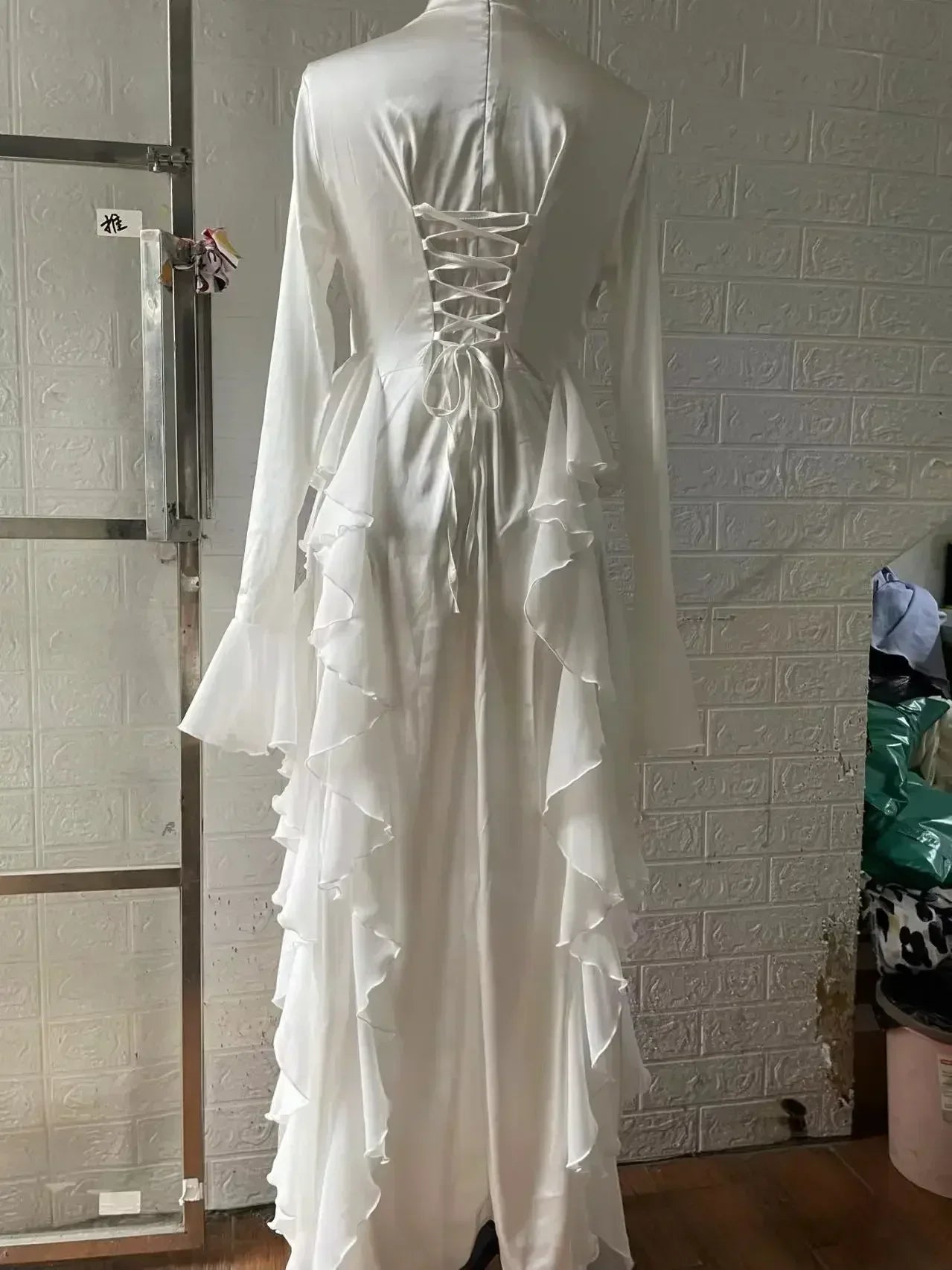 Women High Collar Flare Sleeve Ruffles Long Dress Sexy White Long Sleeves Lace-up Slim Dresses Elegant Evening Party Runway Club