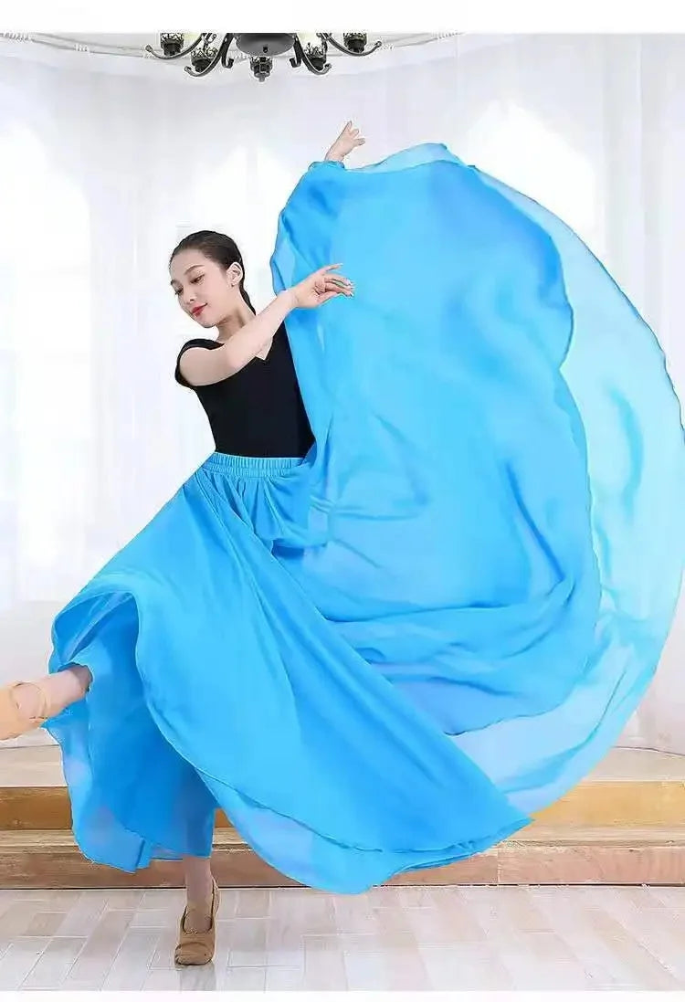 720 Degree Wide Dancing Skirt Chiffon Double Layer Semi-Long Dress Women's Solid Color Xinjiang Dance Skirt