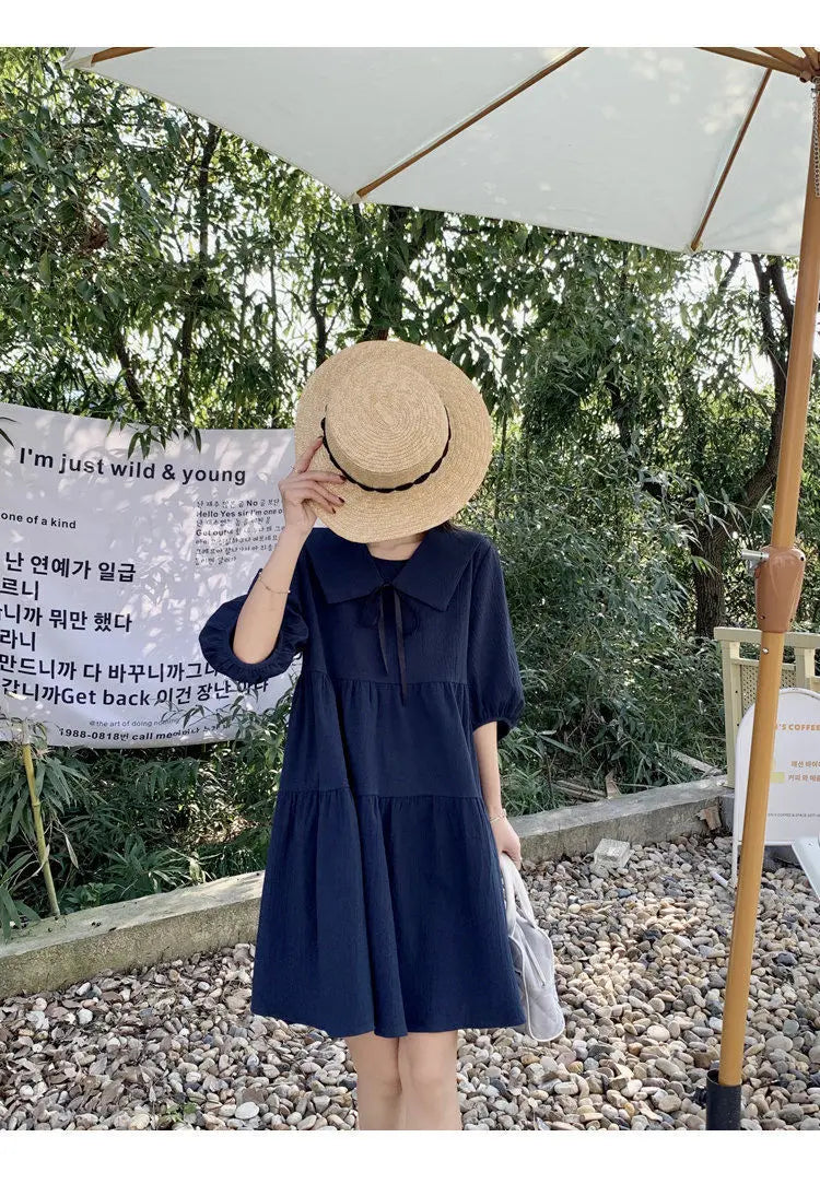 Vintage Pleated Lacing Loose Mini Dress Summer New Half Sleeve Solid Color Sweet Casual Dresses Fashion Korean Women Clothing