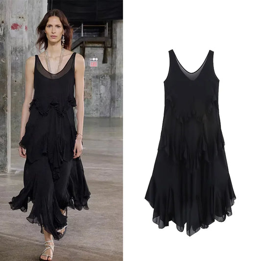 TRAF Tierred Long Dress Women Summer Sexy Backless Sleeveless Female Tulle Lightweight Midi Dresses Female Chic Dresses