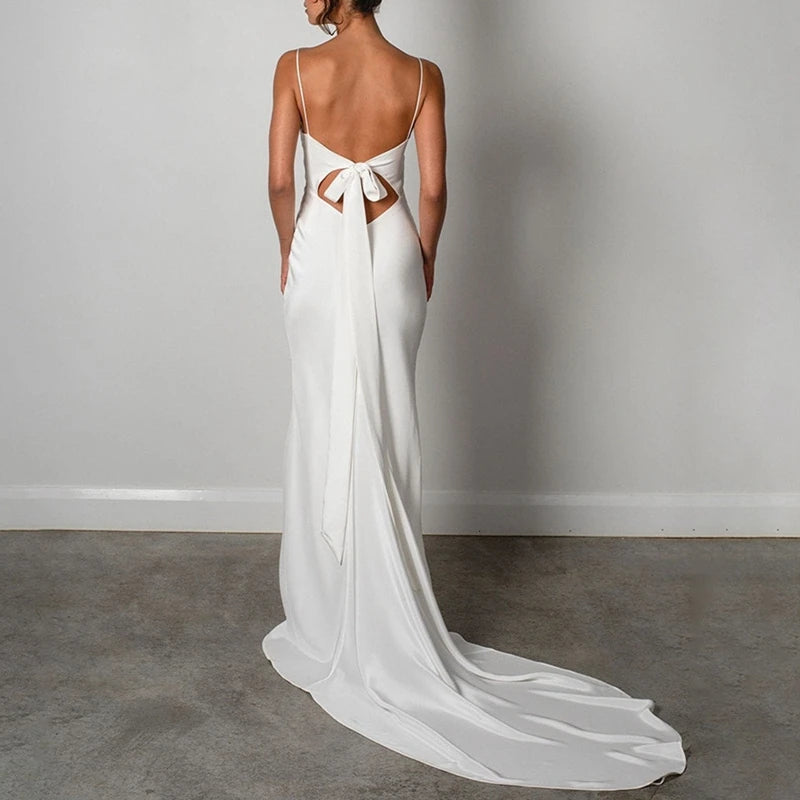 Women Elegant Maxi Dress Spaghetti Straps Backless Pleated Split Dress Summer Long Dress for Cocktail Wedding Party Vestidos