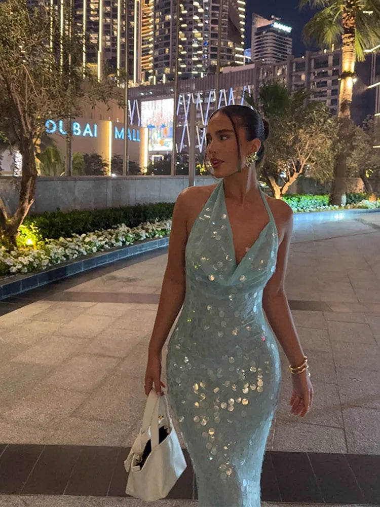 Elegant Sequin Halter Long Dress Women Sexy Bule Backless Sleeveless Slim Asymmetrical Beach Dresses Lady Chic Party Holiday