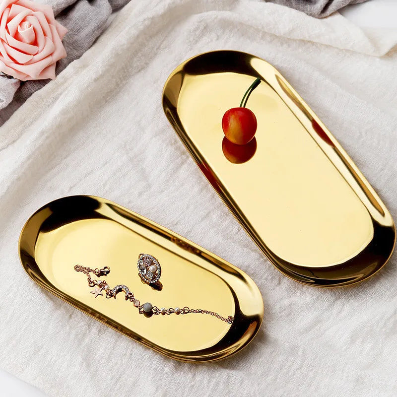 Stainless Steel European Jewelry Storage Tray Metal Cosmetic Storage Oval Cake Fruit Dessert Tray Snack Plate Kitchen Organizer