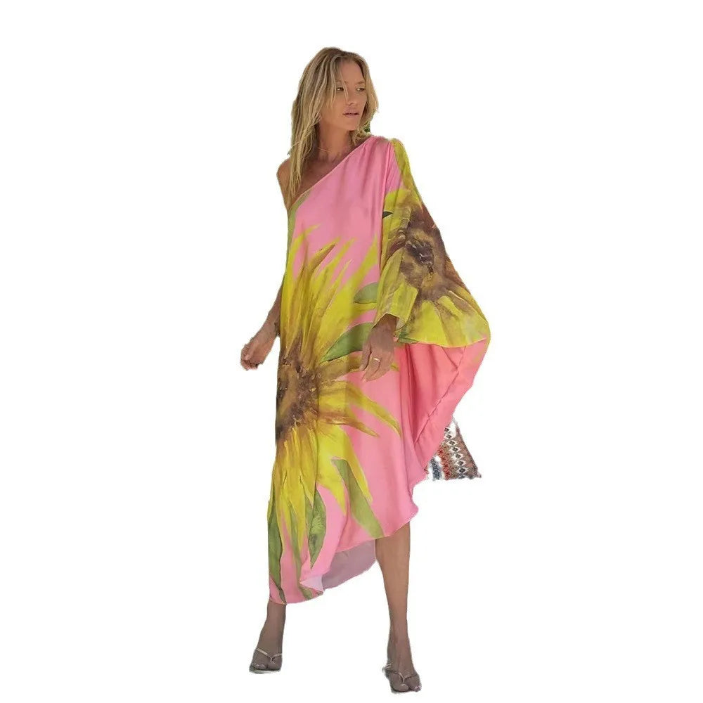 Color Butterfly Print One Shoulder Sleeve Dresses Women Sexy Off Shoulder Loose Beach Vacation Irregular Long Dress Streetwear