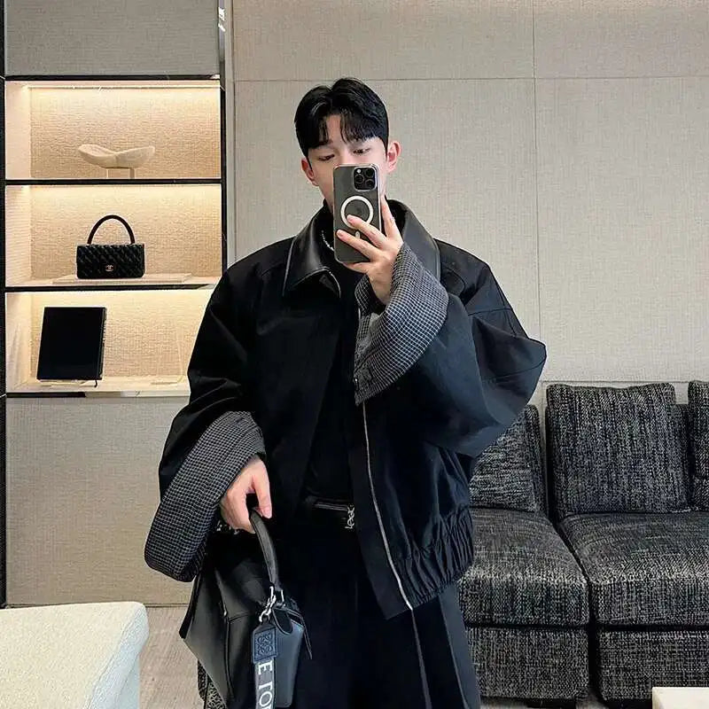 LUZHEN 2025 Spring Design Leather Collar Trendy Jacket Personalized Handsome Trendy Classy Versatile Color Contrast Tops LZ8146