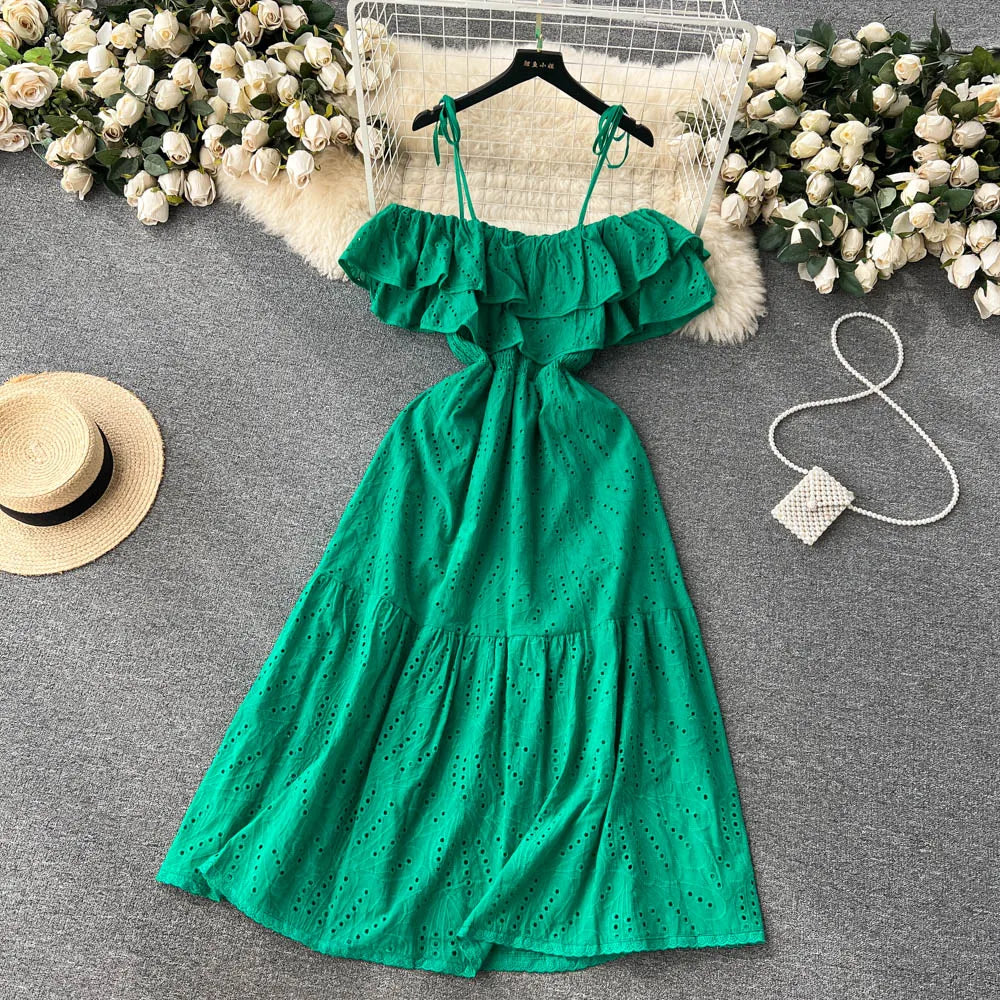 SINGREINY High Street Cotton Embroidery Long Dress Women Hollow Out Backless Beach Sundress Fashion Off the Shoulder Sexy Dress