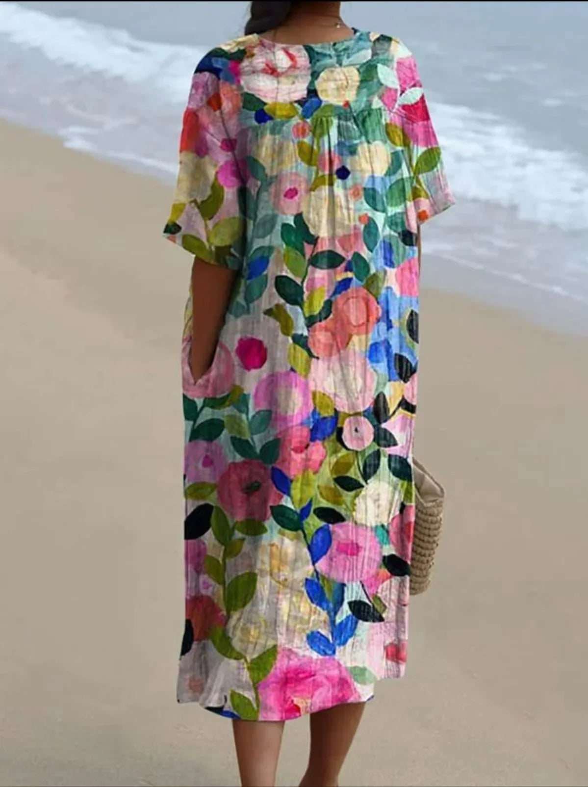 Summer Women Print Dress New Fashion V Neck Short Sleeve Loose Holiday Casual Dresses Female Beach Party Vestidos Robe Femme