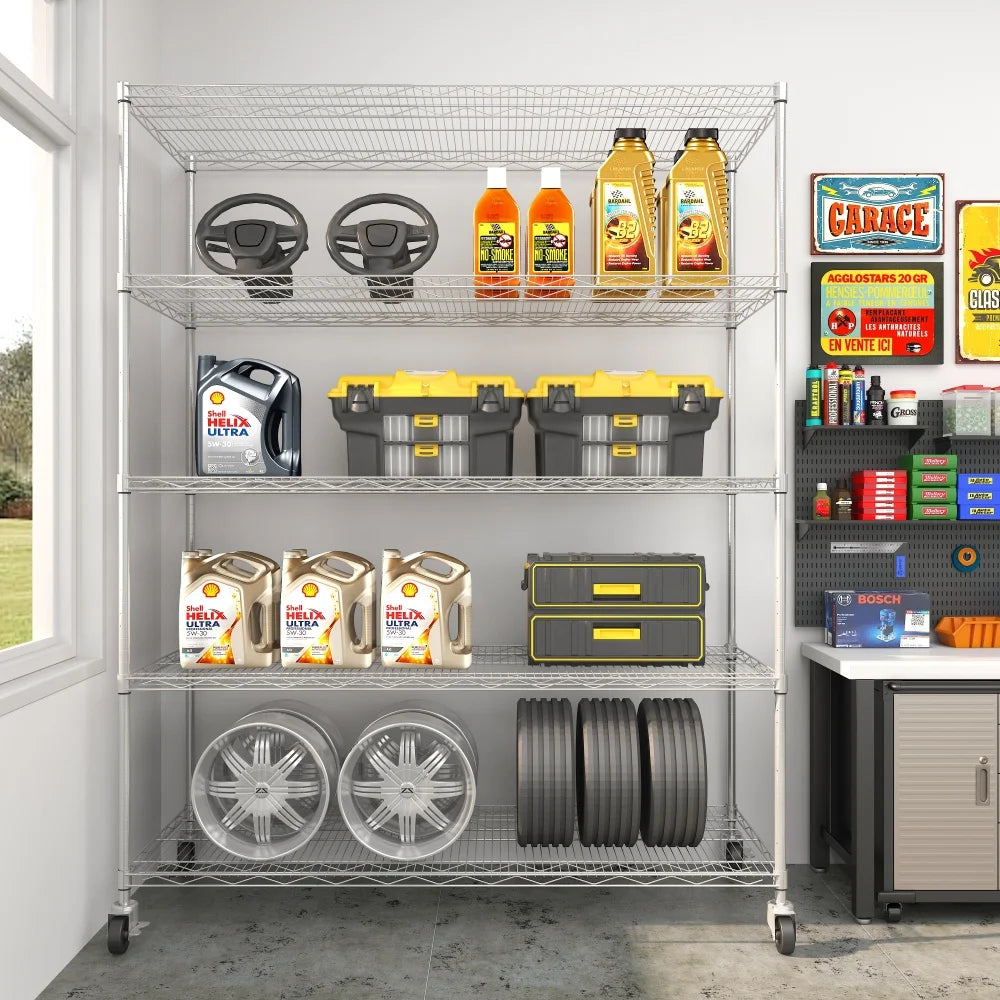 Warehouse supermarket kitchen other 5-layer heavy-duty adjustable shelves with wheels  adjustable feet  frame bearing 300 pounds