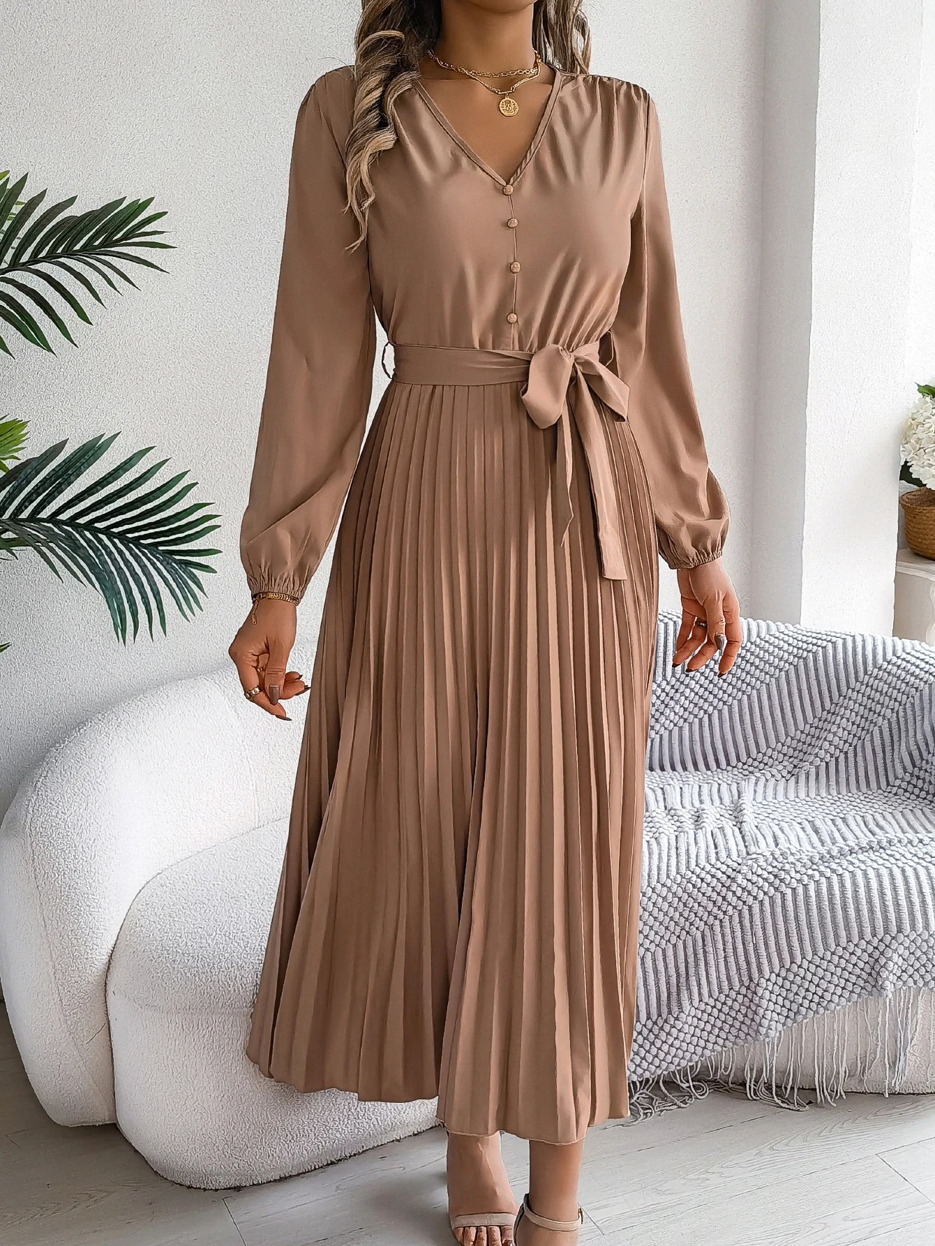 Autumn Winter Elegant V-Neck Button Belt Long Sleeved Solid Color Pleated Long Dress For Women Dresses